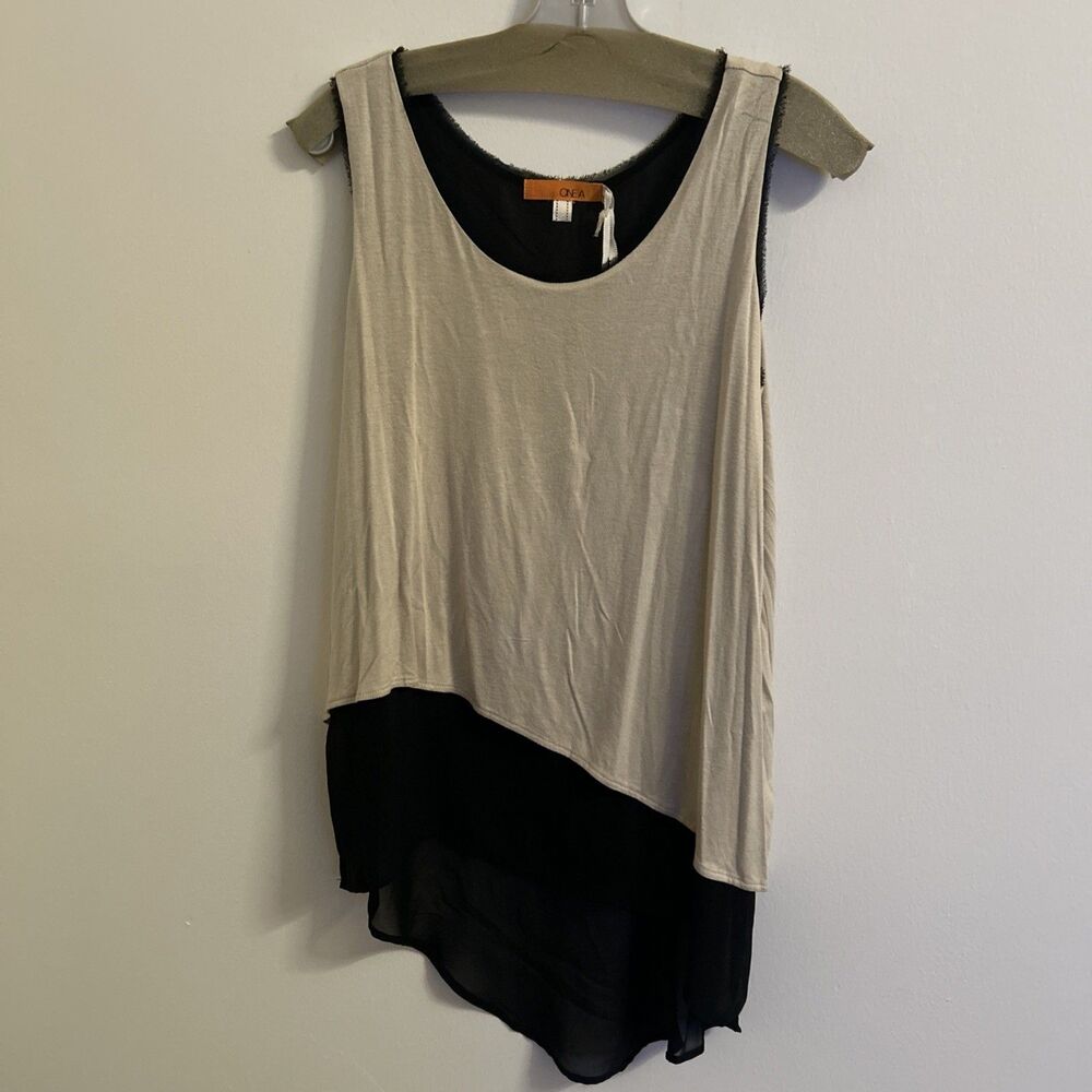 ONEA Womens Layered Tank Top Size S Oxford Tan Black Asym NWT